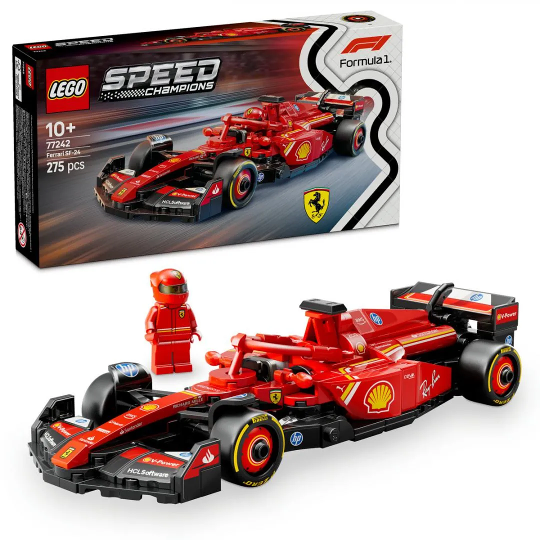 Set LEGO Ferrari SF-24, mașină de curse roșie cu detalii F1