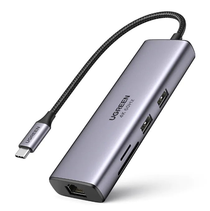 DOCKING Station Ugreen, "CM512" conec PC USB Type-C, USB 3.0 x 2|cititor SD/micro SD x 1| RJ-45 x 1|HDMI 4Kx1 la 60Hz|USB-C x 1 PD 100W, aluminiu, gri "60515" (timbru verde 0.8 lei) - 6957303865154