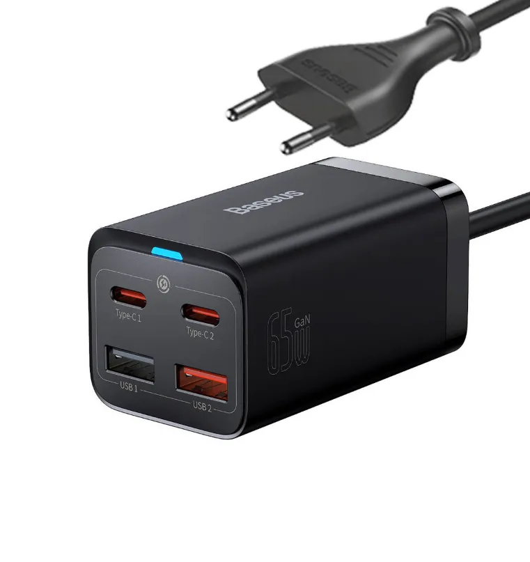 INCARCATOR retea Baseus GaN3 Pro, Quick Charge 65W, 2 x USB, 2 x USB Type-C, include cablu USB Type-C la USB Type-C 100W 1m, negru "CCGP040101" (timbru verde 0.18 lei) - 6932172600334