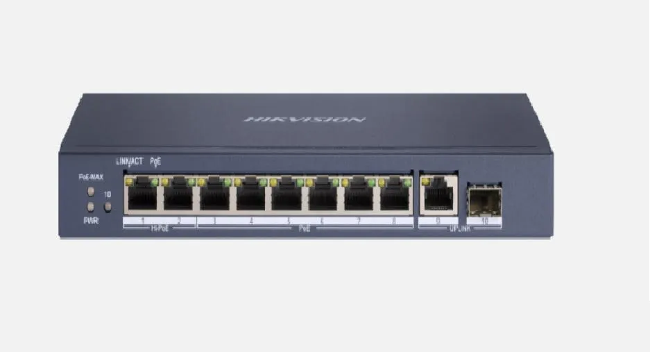 Switch PoE Hikvision DS-3E0510HP-E cu 8 porturi Gigabit și 1 SFP