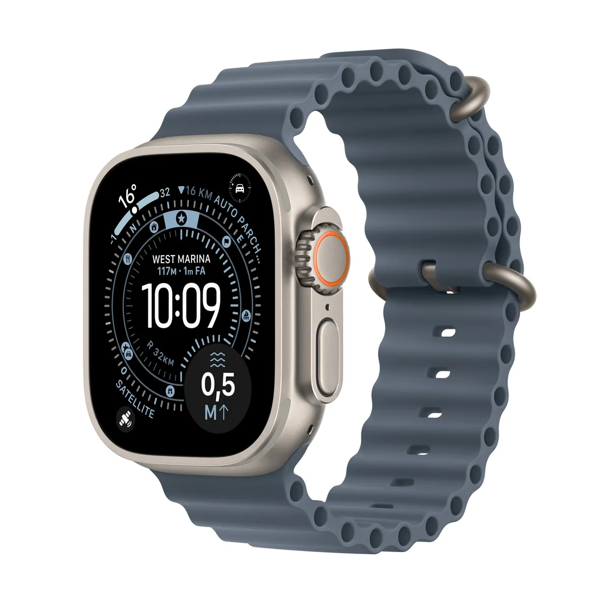 Apple Watch Ultra 3 49mm titaniu cu ecran OLED, vedere frontală