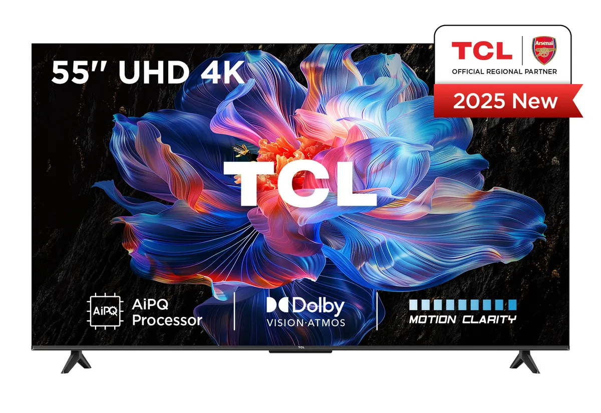 Televizor LED 4K TCL 55V6C 55 inch cu ecran negru și stand argintiu