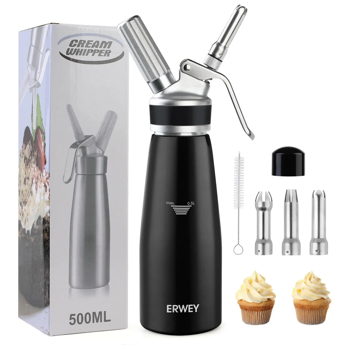 Dispensator profesional de frișcă 500ml din aluminiu argintiu cu 3 duze incluse