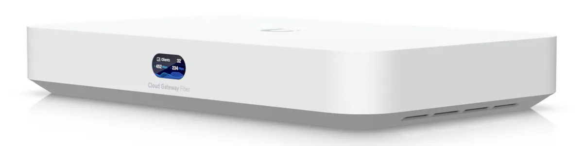 Gateway Ubiquiti UniFi 10G desktop cu porturi fibra optica si PoE