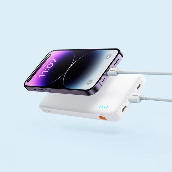 Baterie externă Baseus Airpow 10000mAh albă cu porturi USB și USB-C