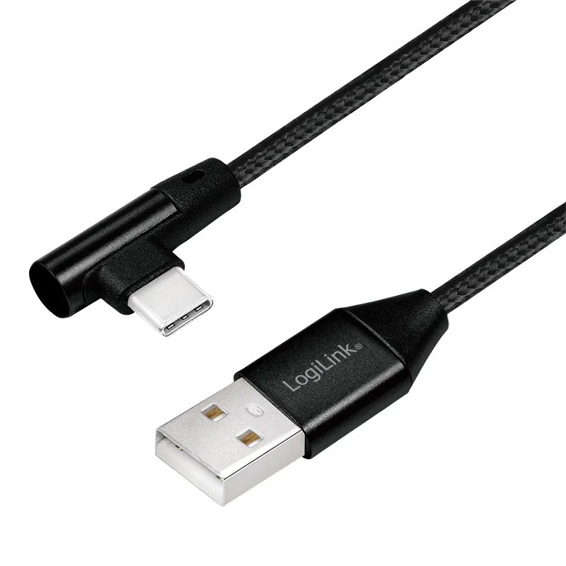 Cablu USB-C 0,3m Logilink negru cu impletire bumbac și conector 90 de grade