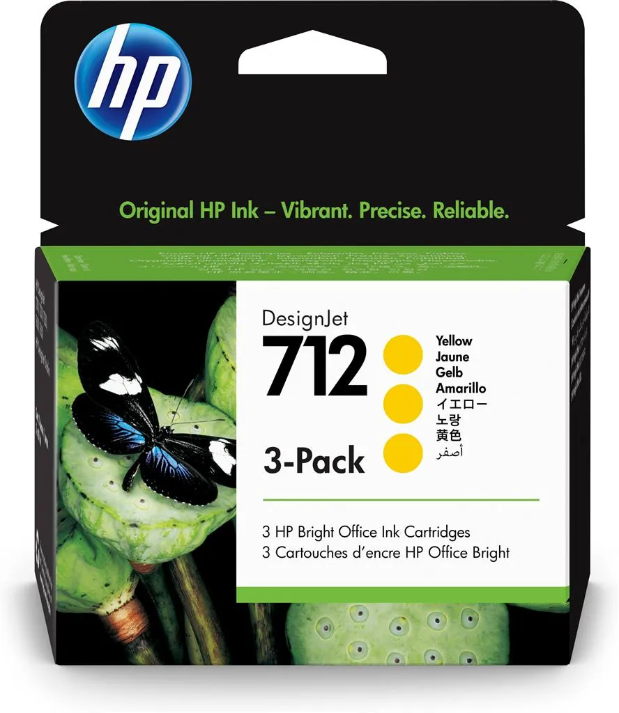 Pachet triplu de cerneală galbenă HP 712 pentru plottere DesignJet