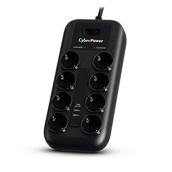 Prelungitor Cyber Power negru cu 8 prize Schuko și 2 porturi USB