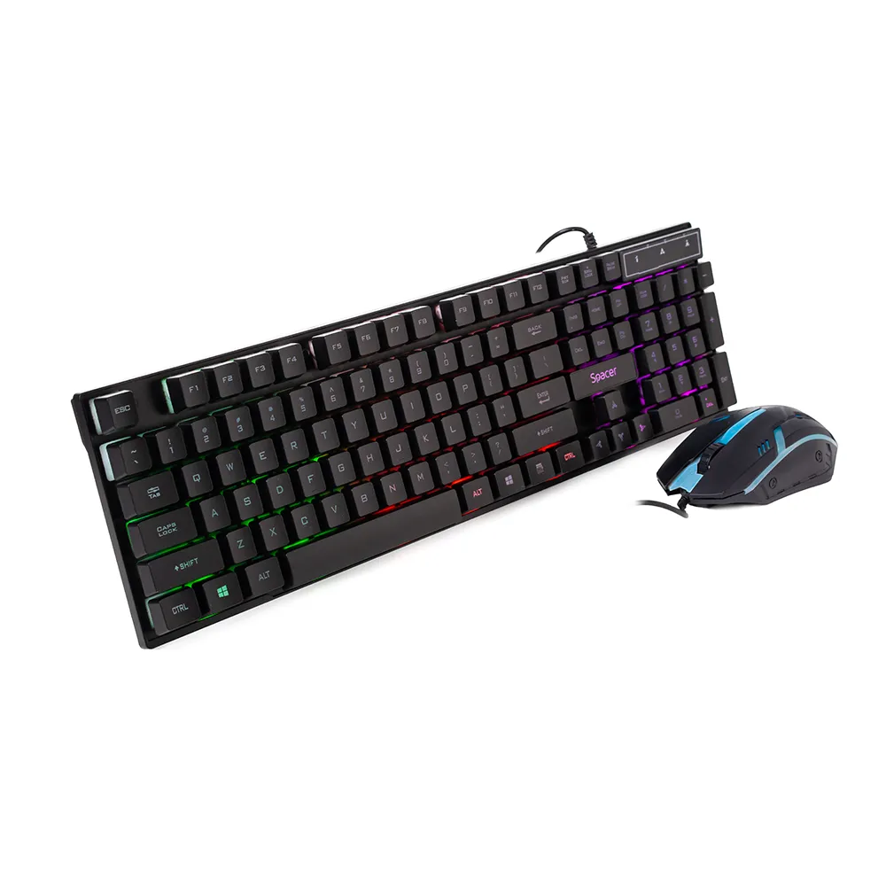 Kit gaming SPACER cu tastatură RGB rainbow și mouse optic negru