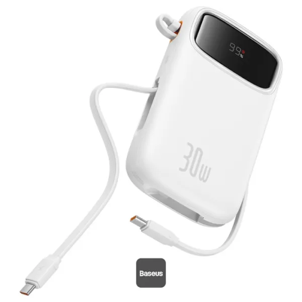 Baterie externă Baseus Qpow2 alba cu afișaj digital și porturi USB-C