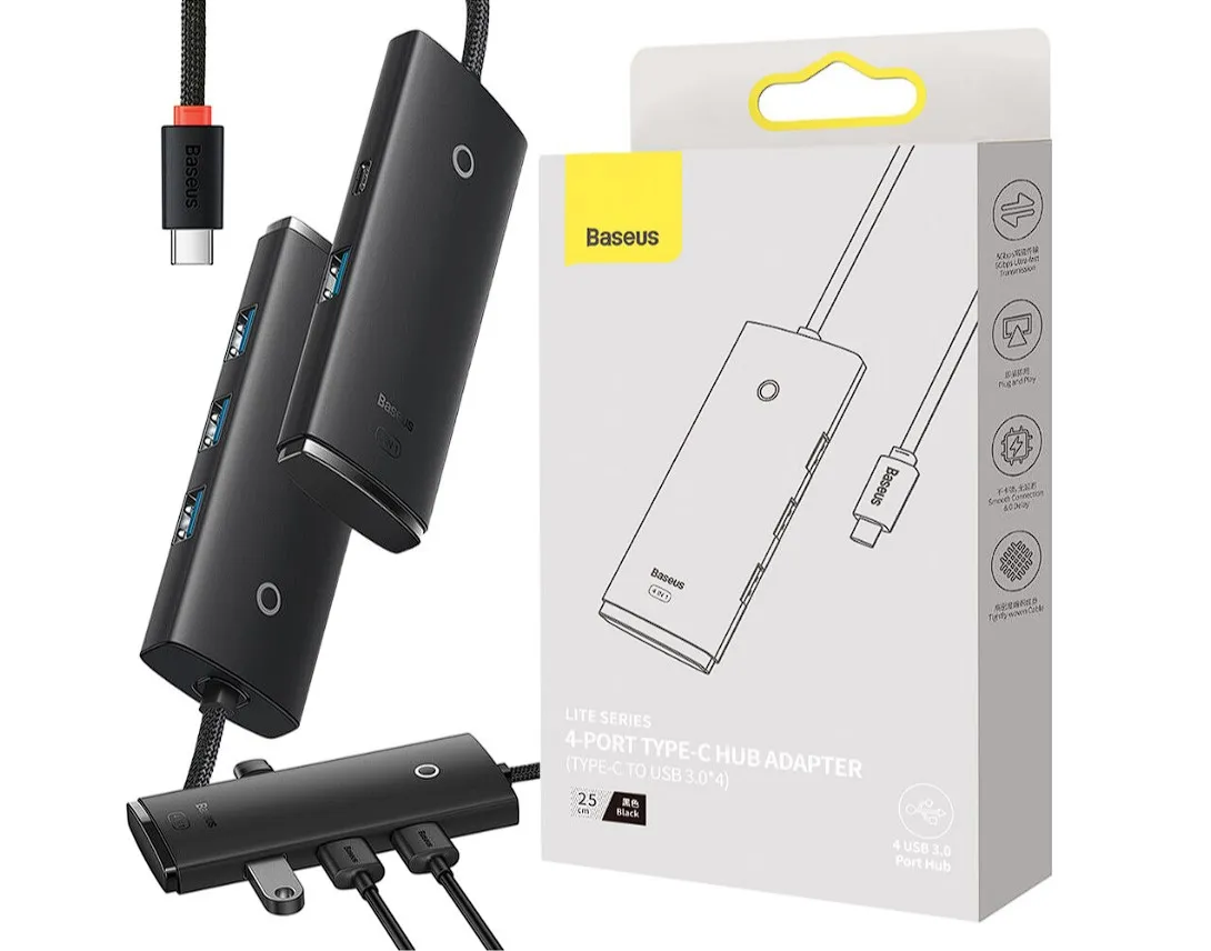 HUB extern Baseus Lite negru cu 4 porturi USB 3.0 și cablu USB-C 1m