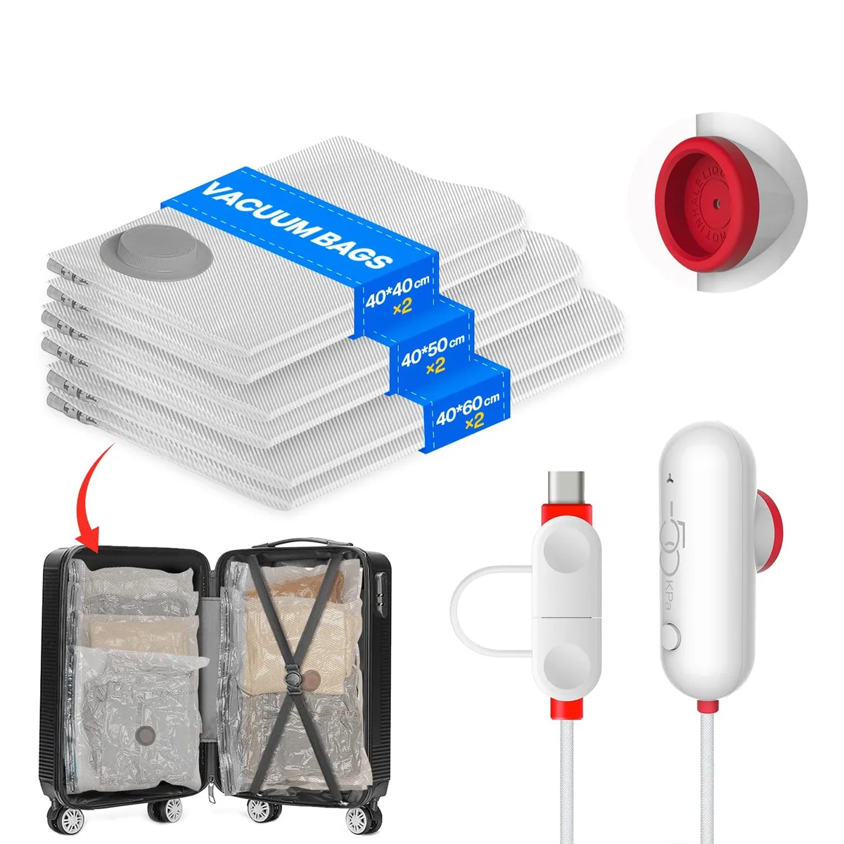 Set 6 pungi vidat pentru haine cu pompă USB, dimensiuni mixte