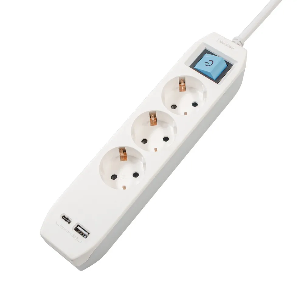Prelungitor electric Spacer alb-gri cu 3 prize Schuko și porturi USB