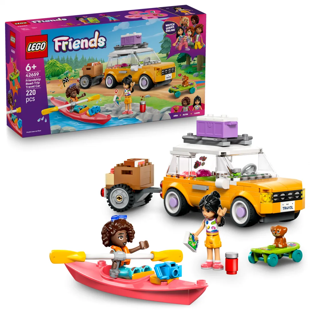Set LEGO Friends mașina de călătorie 42659 complet cu minifiguri și accesorii