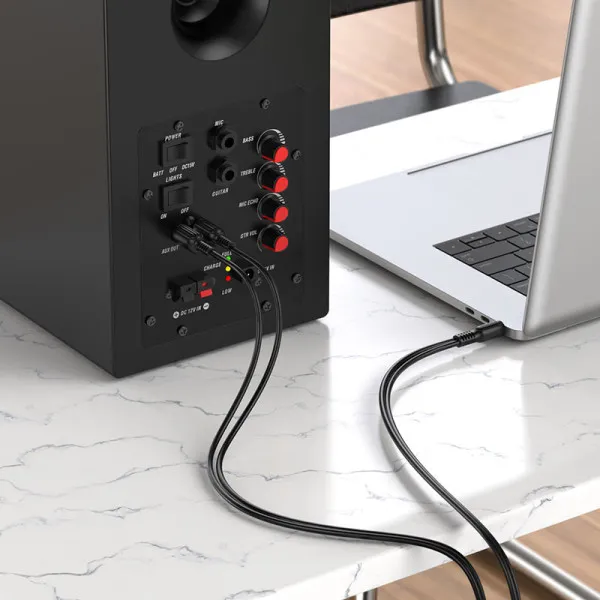 Cablu audio Borofone BL11 negru cu jack 3.5mm și conectori RCA