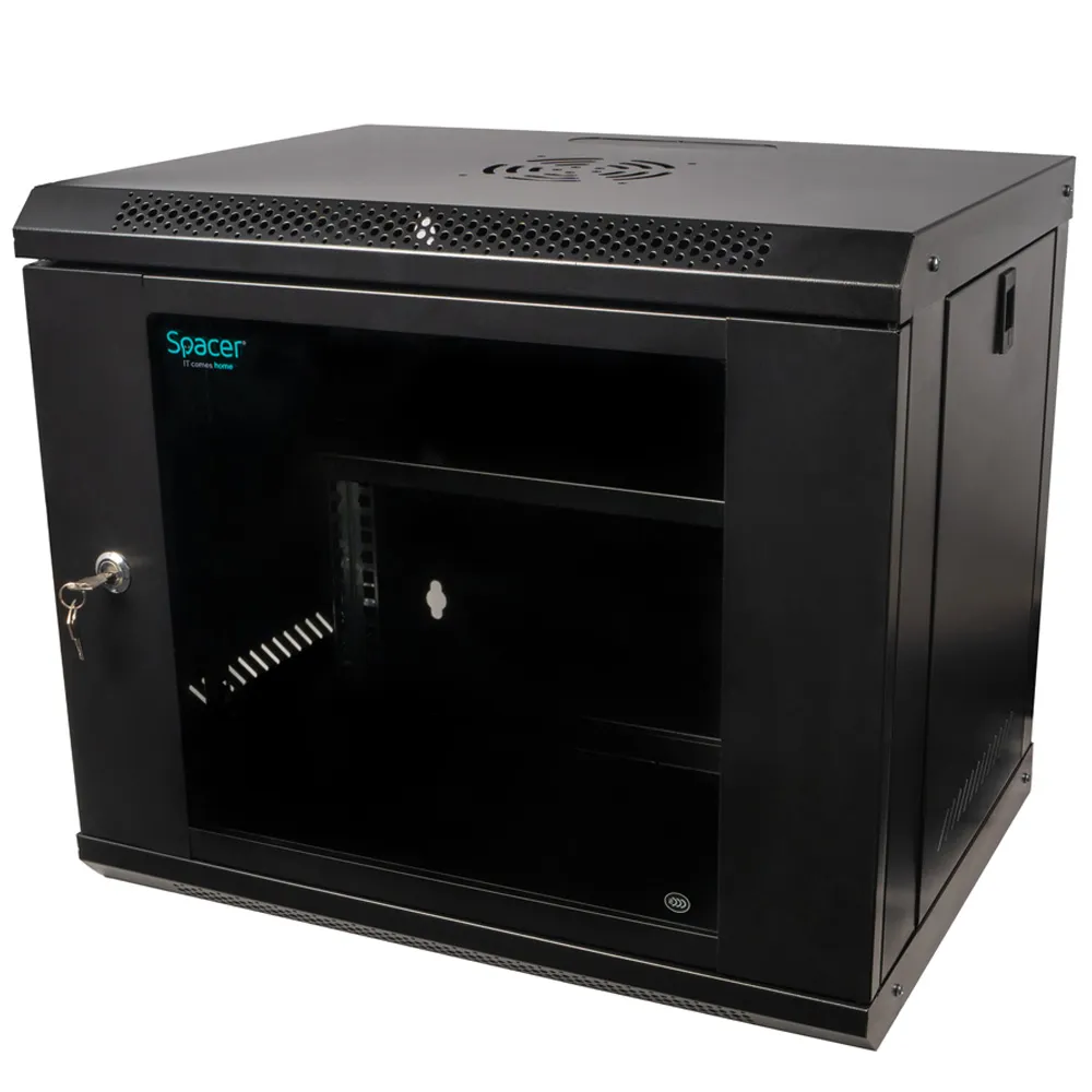 Cabinet rack 19 inch 9U negru cu ușă sticlă și blocare