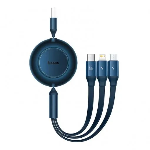 Cablu retractabil Baseus Bright Mirror 3 în 1 albastru cu conectori USB-C Lightning Micro-USB