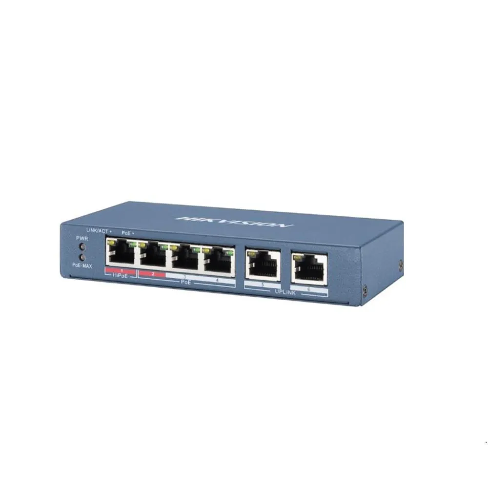 Switch PoE Hikvision 4 porturi cu carcasă metalică gri