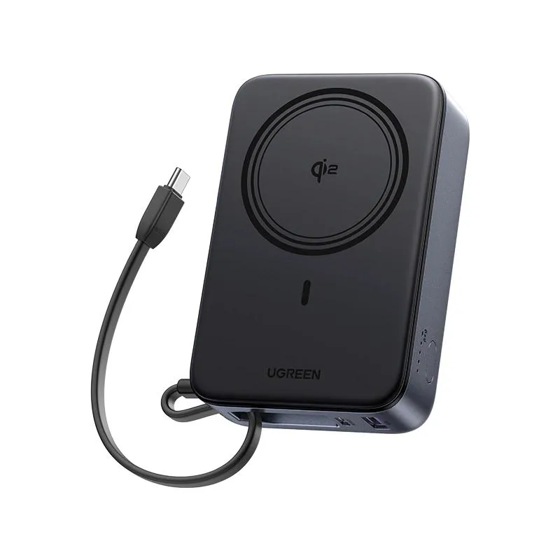Baterie externă Ugreen 20000mAh gri cu cablu USB-C integrat și încărcare magnetică