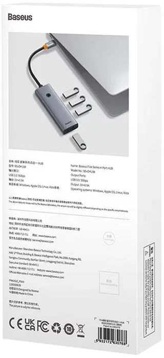 Hub USB Baseus UltraJoy gri cu 4 porturi USB 3.0 și intrare USB Type-C