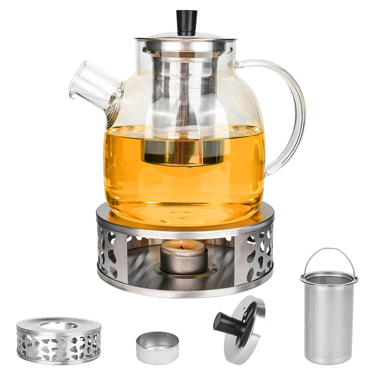 Ceainic din sticlă borosilicată transparent 1.5L cu infuzor metalic