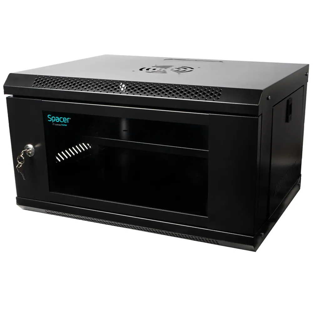 Cabinet rack 19 inch 6U Spacer negru cu ușă sticlă pentru perete