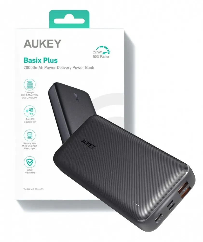 Baterie externă Aukey 20000 mAh neagră cu cinci porturi de încărcare