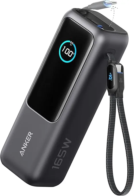Acumulator extern Anker 25.000 mAh gri cu 3 porturi USB-C și cabluri încorporate