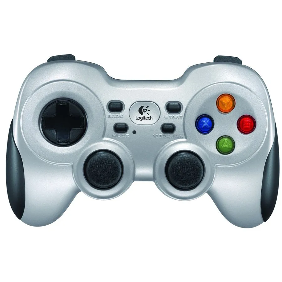 Gamepad wireless Logitech F710 negru cu joystick-uri și butoane colorate