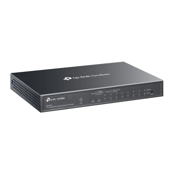 Switch TP-Link Omada ES210GMP cu 8 porturi PoE+ și carcasă metalică