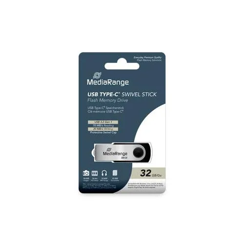 Stick USB-C MediaRange 32GB cu design rotativ negru și argintiu