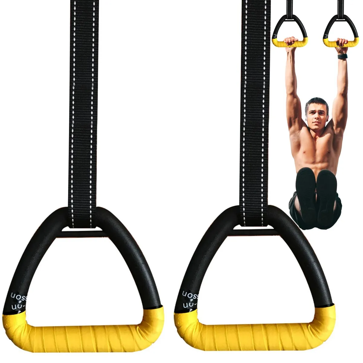 Inele de gimnastică galben pentru adulți cu curele de fixare incluse