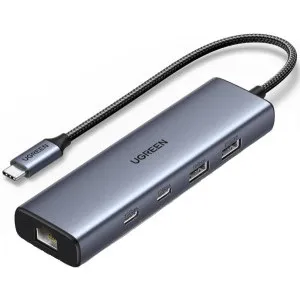 DOCKING Station Ugreen, "CM512" conectare PC USB Type-C, USB 3.2 x 1|USB 2.0 x 1||Gigabit RJ-45 x 1|USB-C x 2 PD 100W, aluminiu, gri "45320" (timbru verde 0.8 lei) - 6941876243204