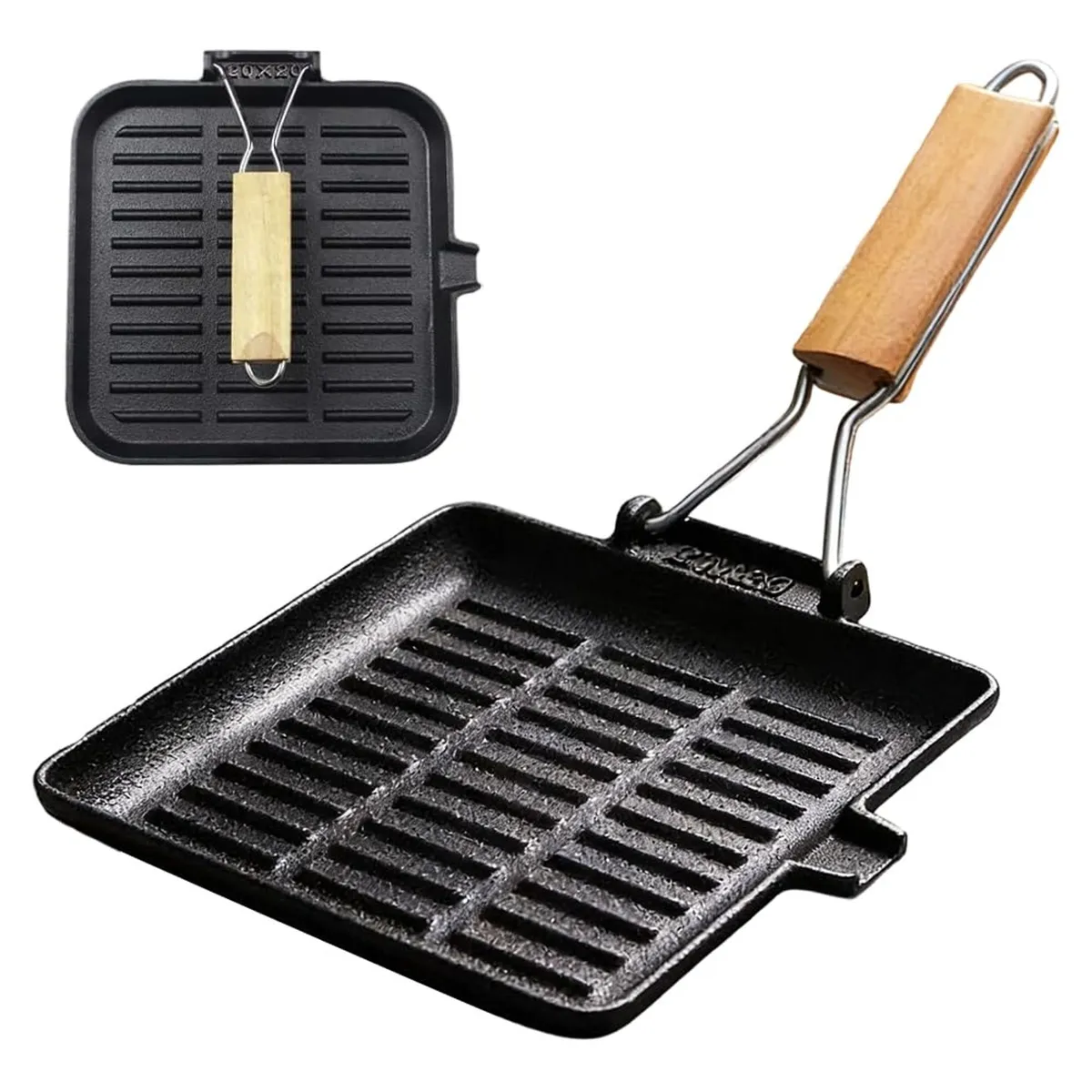 Tigaie grill pătrat din fontă cu mâner lemn pliabil 20x20cm