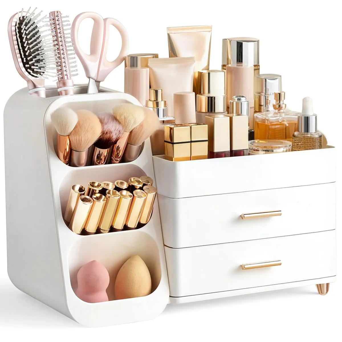 Organizator cosmetice cu sertare, design alb 3 în 1
