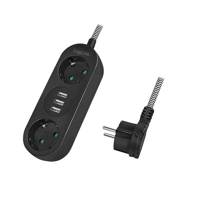 Prelungitor Logilink LPS262U cu 2 prize Schuko și 3 USB, cablu 1.5 m